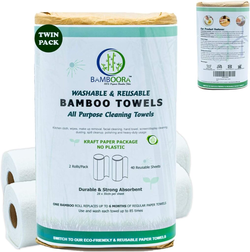 Bamboora Pack of 2 Washable Reusable Bamboo Paper Towels - Lint free, Zero Waste, Recyclable, Eco Friendly Paper Towels, 2x 20 Heavy Duty Organic Washable Rolls
