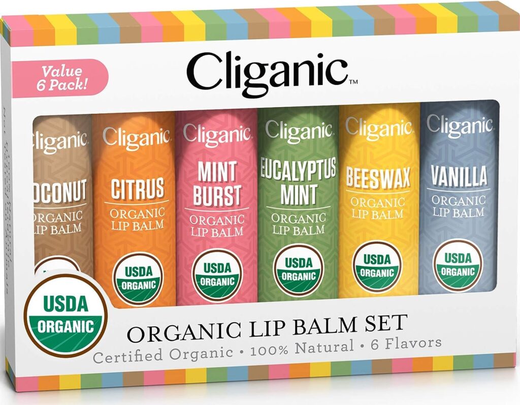 Cliganic USDA Organic Lip Balm Set - 6 Flavors - 100% Natural Moisturizer for Cracked Dry Lips