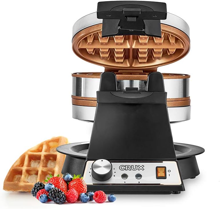CRUX Double Rotating Belgian Waffle Maker with Nonstick Copper Plates for Easy Food Release - Browning Control and Removable Drip Tray, Stainless Steel