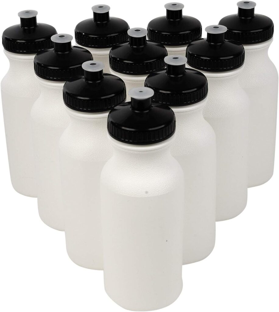 CSBD 20oz Sports Water Bottles, 10 Pack, Reusable No BPA Plastic, Pull Top Leakproof Drink Spout, Blank DIY Customization (White Bottle - Black Lid)