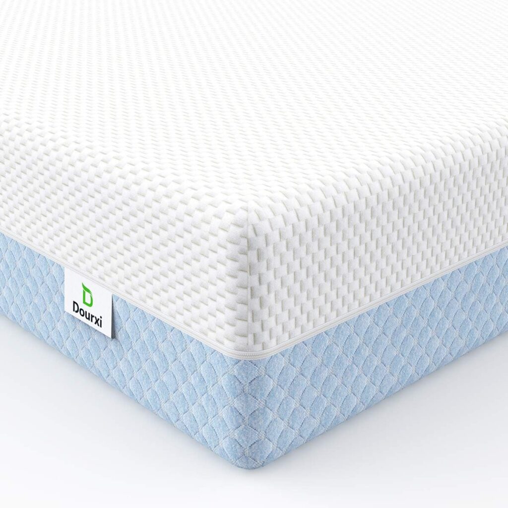 Dourxi Crib Mattress, Dual Sided Comfort Memory Foam Toddler Bed Mattress, Triple-Layer Breathable Premium Baby Mattress for Infant and Toddler w/Removable Outer Cover - WhiteBlue