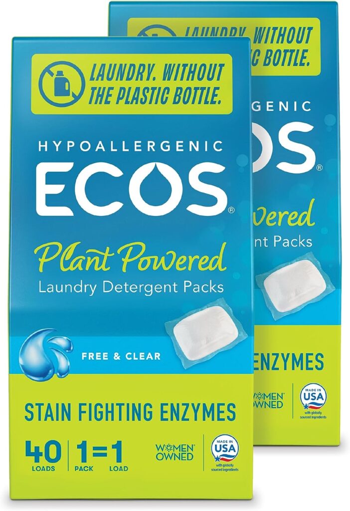 ECOS Laundry Detergent Packs, 80 Loads - 100% Plastic Free Packaging - Convenient No Mess Washing Soap Packs - Hypoallergenic for Sensitive Skin - Free  Clear