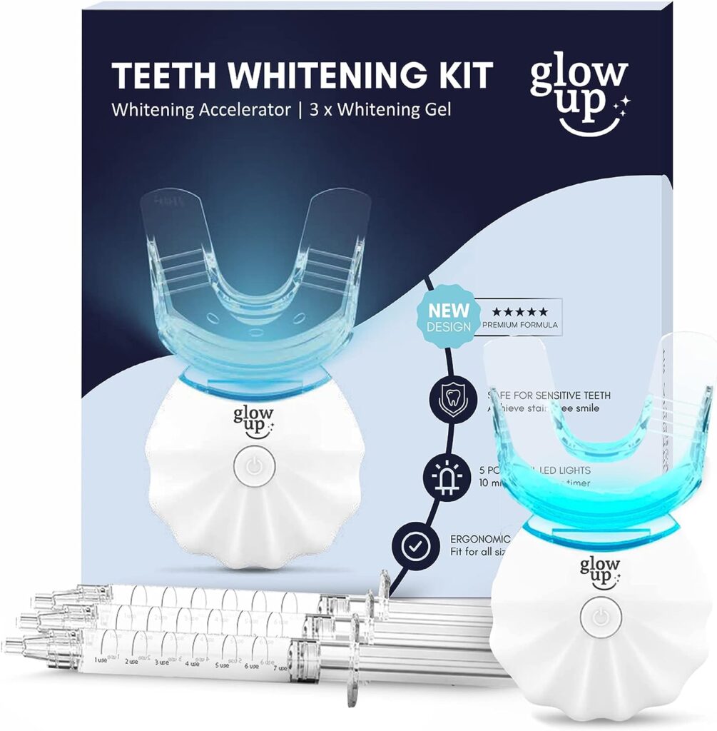 Glow Up Teeth Whitening Kit for Sensitive Teeth with Blue LED Light, 10-Minute Instant Tooth Whitener Set with 3 (5ml) Syringes of 35% Carbamide Peroxide Mint Flavored Gel  Tray Case
