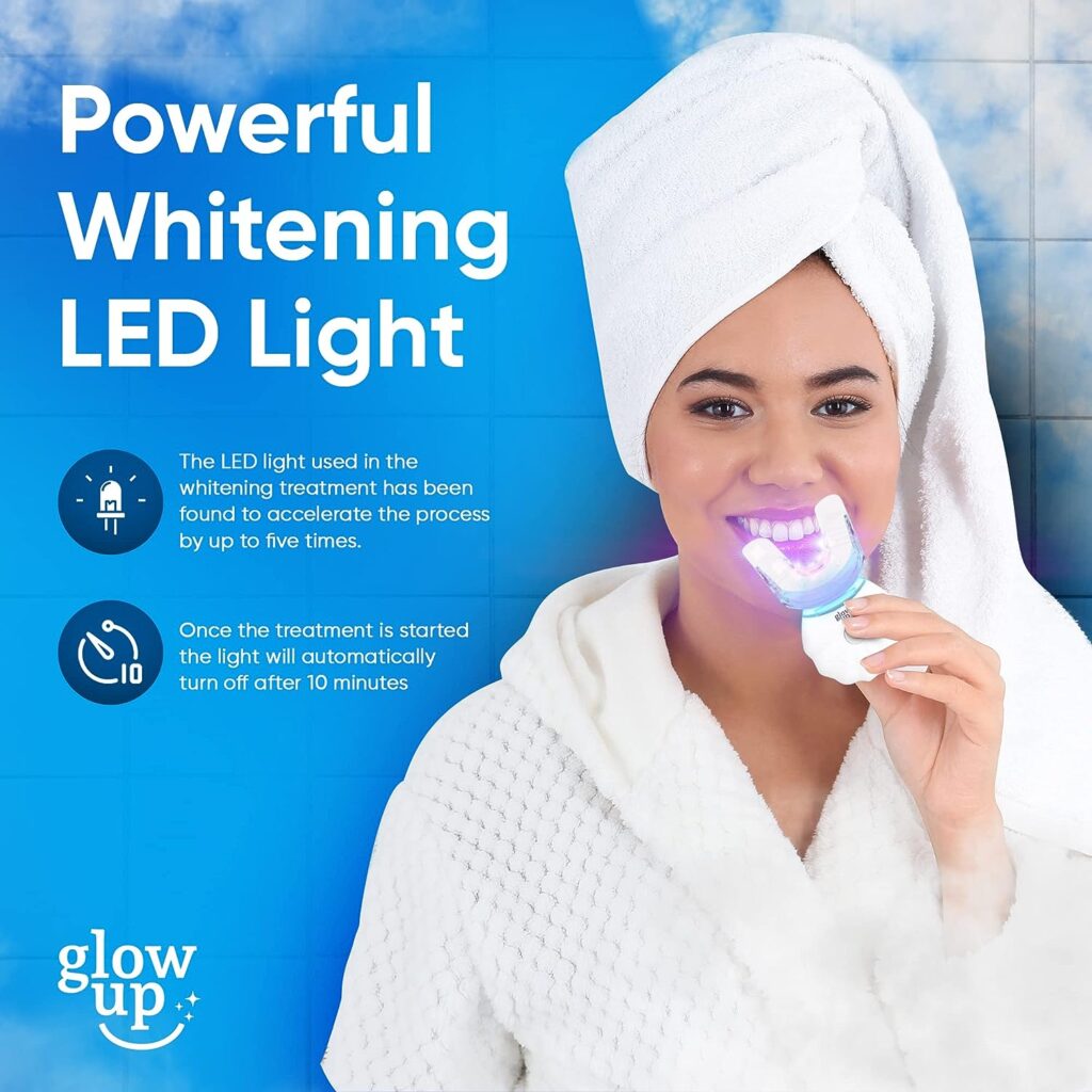 Glow Up Teeth Whitening Kit for Sensitive Teeth with Blue LED Light, 10-Minute Instant Tooth Whitener Set with 3 (5ml) Syringes of 35% Carbamide Peroxide Mint Flavored Gel  Tray Case