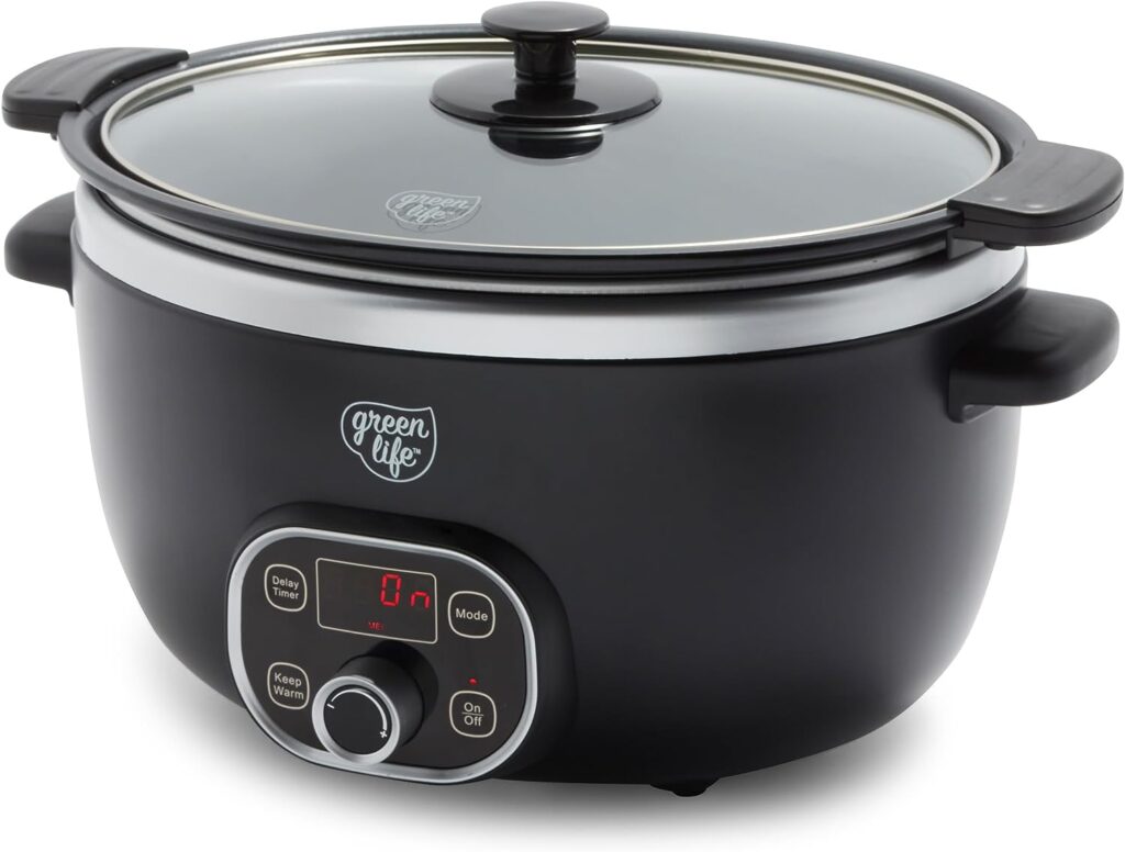 GreenLife Cook Duo Healthy Ceramic Nonstick Programmable 6 Quart Family-Sized Slow Cooker, PFAS-Free, Removable Lid and Pot, Digital Timer, Dishwasher Safe Parts, Black