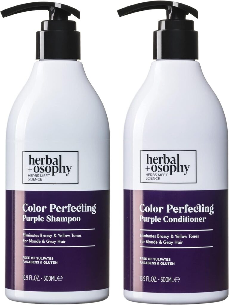 Herbalosophy Purple Shampoo  Conditioner Set (Package May Vary), Toning Shampoo Conditioner for Blonde Gray Hair, Eliminates Brassy and Yellow Tones, Infused with Cocos Nucifera Oil, Free of Sulfate, Parabens and Gluten, 2 x 16.9 Fl Oz