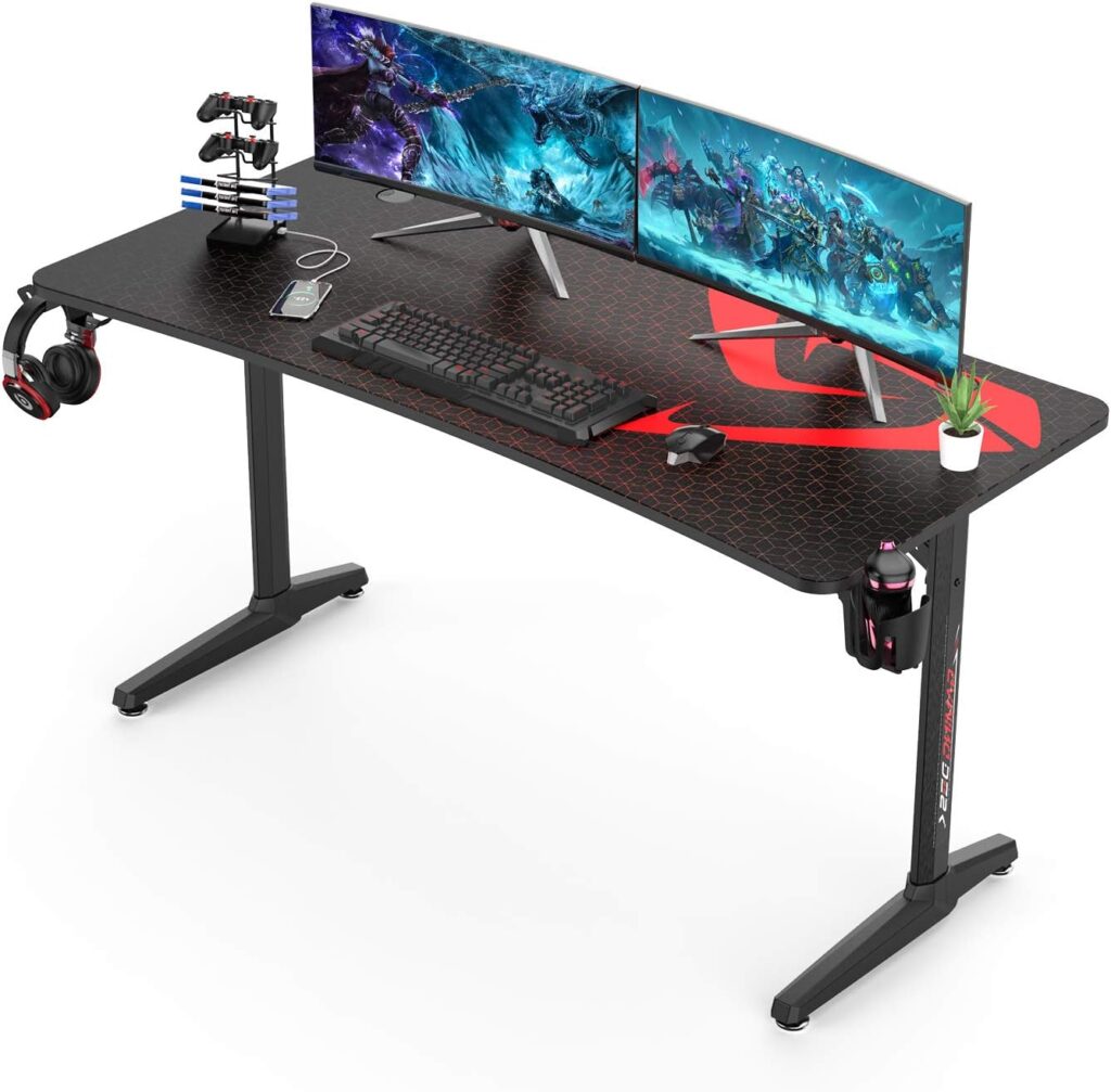Its_Organized Gaming Desk, 60 Inch Computer Desk Carbon Fiber Surface Gamer Desk with Free Mouse pad, T-Shaped Professional Gaming Table with USB Gaming Rack, Cup Holder  Headphone Hooks, (Black)