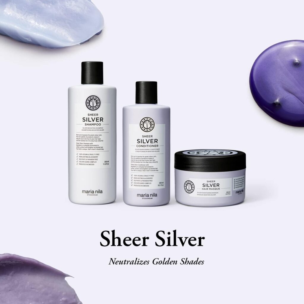 Maria Nila Sheer Silver Shampoo 11.8 Fl Oz / 350 ml, Neutralizes Golden Shades, Violet Pigments Gives Cool Tone, 100% Vegan  Sulfate/Paraben free