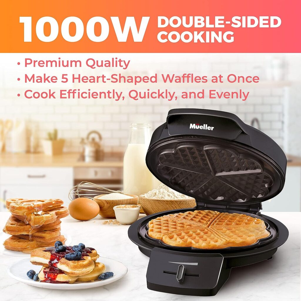 Mueller Heart Waffle Maker, 5 Belgian Waffle Iron, Adjustable Browning Control, Cool Touch Handle, Compact and Easy to Clean, Perfect for Mothers Day Gifts