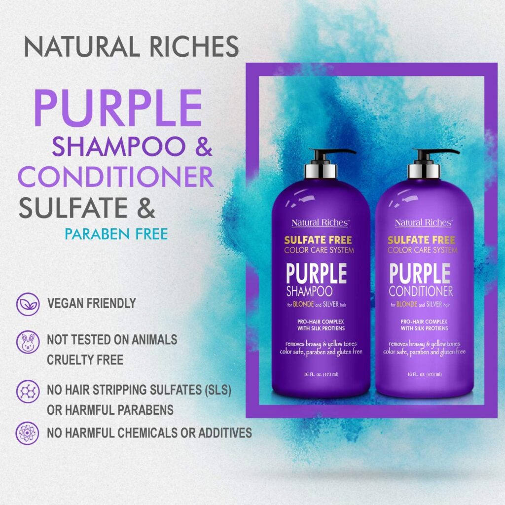 Natural Riches Purple Shampoo and Conditioner Set Sulfate Free Salon Grade for Silver Blonde and Platinum Hair. Removes Yellow  Brass tones. Blonde Shampoo for Silver Grey Highlighted Hair 16x2 fl oz