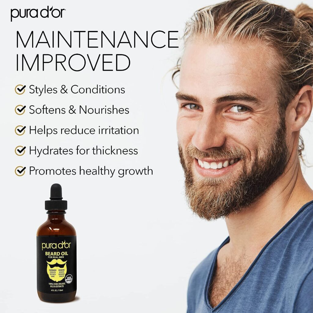 PURA DOR Organic Beard Oil (4oz / 118mL) 100% Pure- USDA Certified- Natural Leave-In Conditioner, Argan  Jojoba Oil- Mustache Care  Maintenance, Increase Softness  Strength (Packaging may vary)
