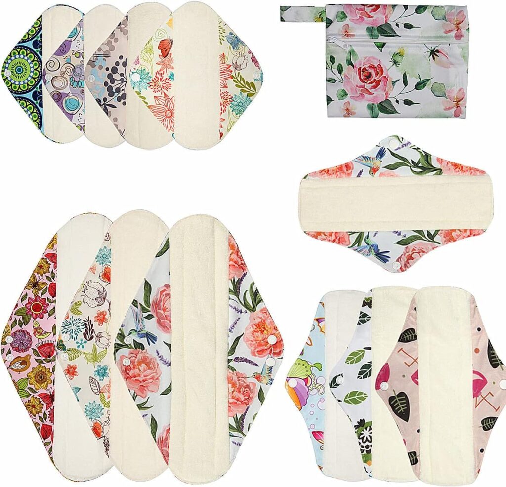 ReUseLife 12 Pieces Bamboo Cloth Menstrual Pads,Reusable Sanitary Pads,Size 8 inch,10 inch and 14 inch,Unscented