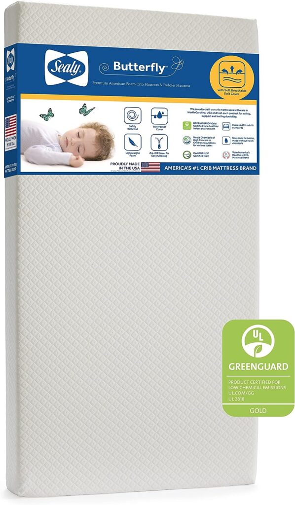 Sealy Butterfly Breathable Knit Waterproof Baby Crib Mattress and Toddler Bed Mattress - CERTIPUR-US Certified foam - Made in USA, 52x28