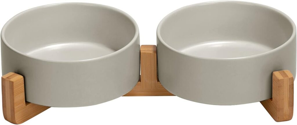 SPUNKYJUNKY Ceramic Dog and Cat Bowl with Wood Stand Non-Slip Matte Glaze Weighted Food Water Set for Cats Small Dogs 13.5OZ