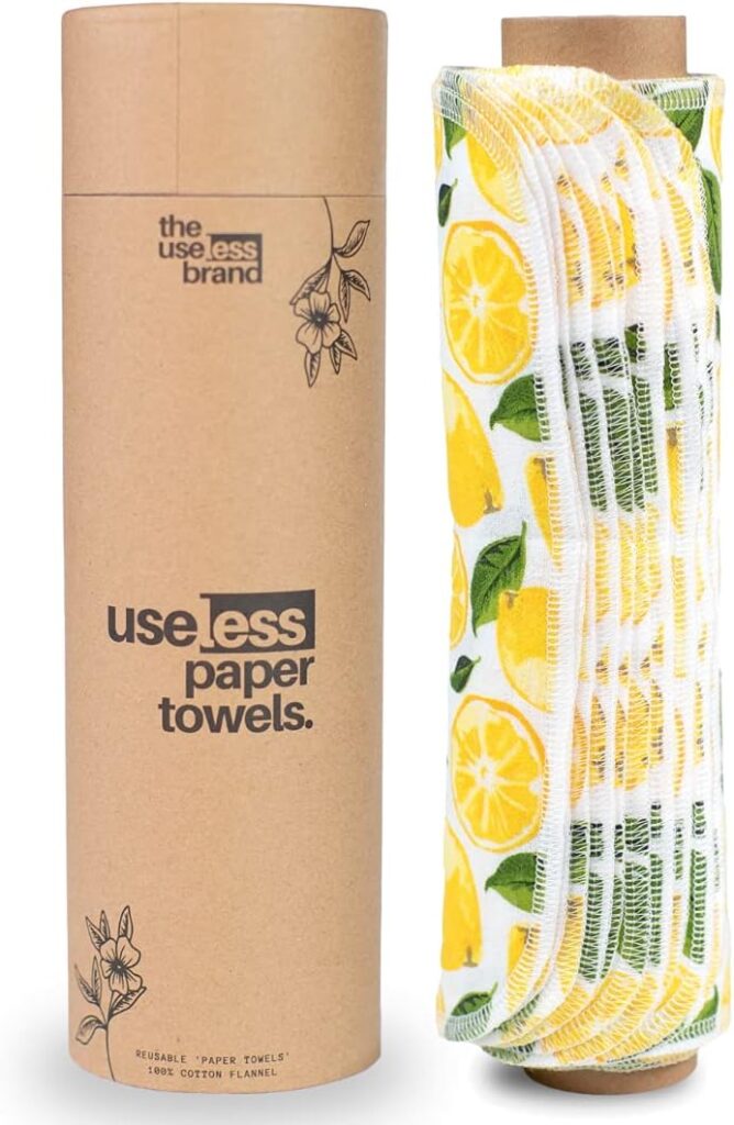 The Useless Brand Reusable Paper Towels Roll | Washable Cotton Flannel Towels w/Cardboard Roll | Fits on All Holders (Lemons, 12 Towels)