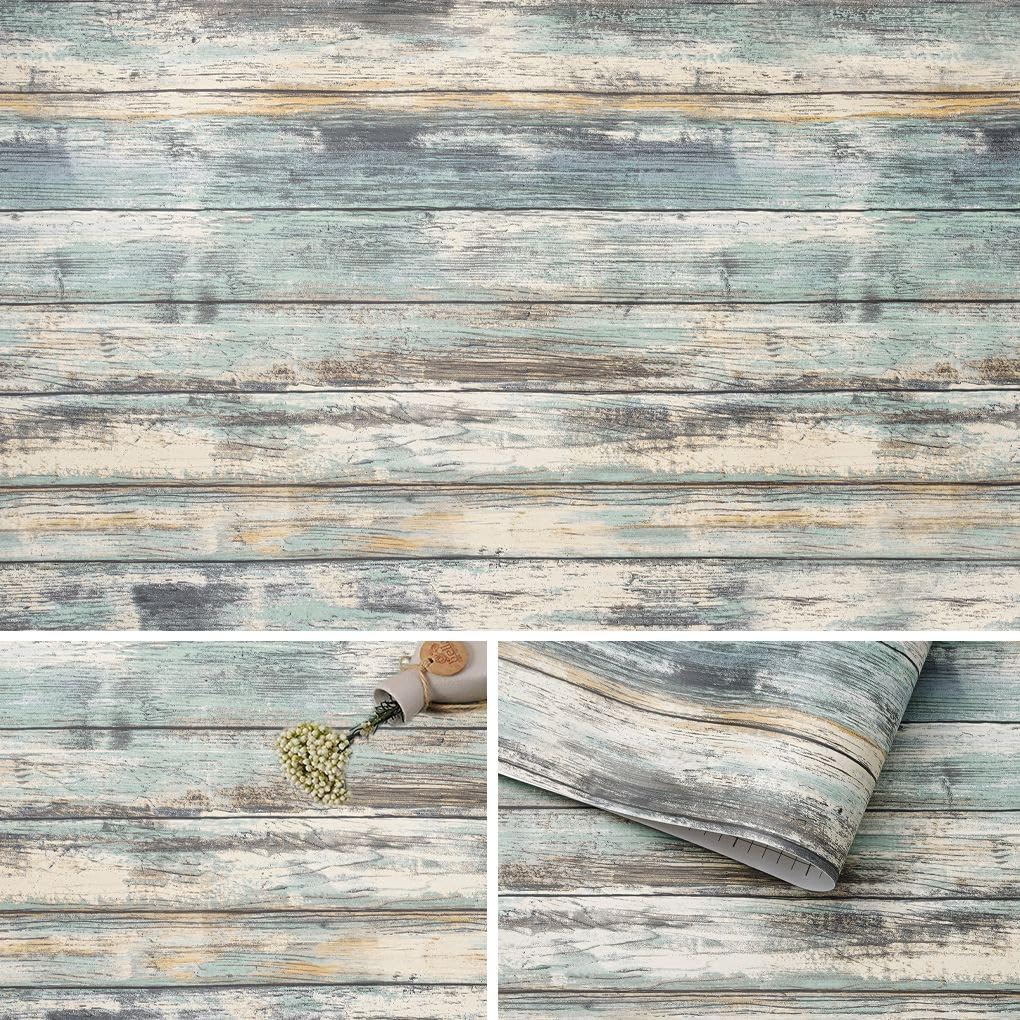 Arthome Blue Rustic Wood Paper 17x240 Self-Adhesive Removable Wood Peel and Stick Wallpaper Vinyl Decorative Wood Plank Film Vintage Wall Covering for Furniture Easy to Clean Wooden Grain Paper