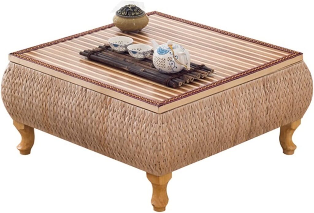 Furniture Coffee Tables Japanese Coffee Table Rattan Straw Tatami Tea Table Table Household Floor Low Tea Table Bay Window Table Large Capacity (Color : Beige, Size : 49 * 49 * 30 cm)