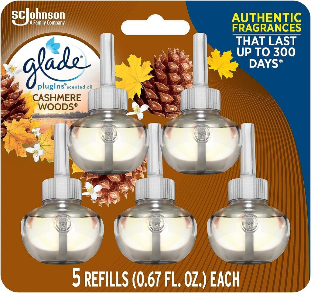 Glade PlugIns Refills Air Freshener, Scented and Essential Oils for Home and Bathroom, Cashmere Woods, 3.35 Fl Oz, 5 Count