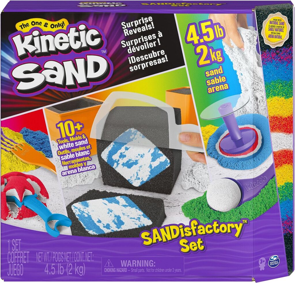 Kinetic Sand, Sandisfactory Set, 4.5Lbs of Colored and Rare White, 10 Tools and Molds, Play Sand for Kids Ages 3 and Up, Amazon Exclusive