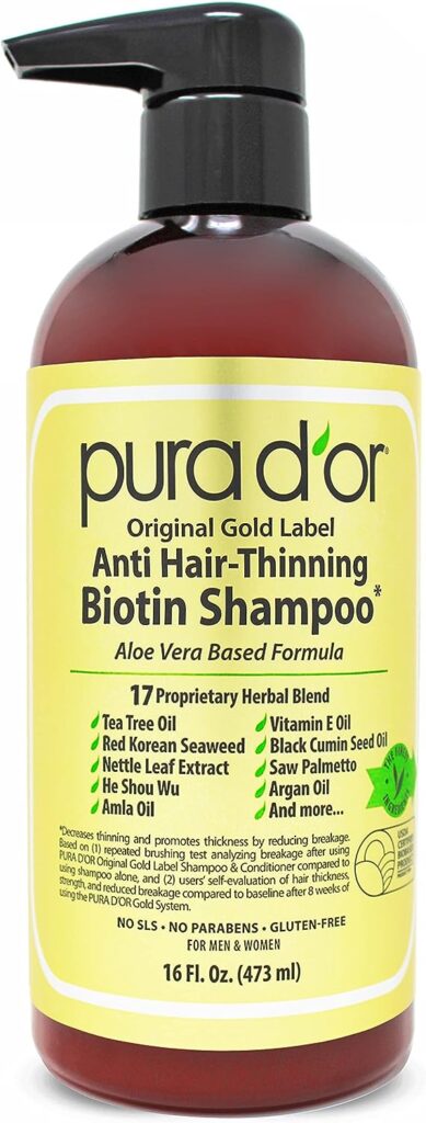 PURA DOR Original Gold Label Anti-Thinning Biotin Shampoo Natural Earthy Scent,Clinically Tested Proven Results,Herbal DHT Blocker Hair Thickening Products For Women Men,Color Treated Hair,16oz