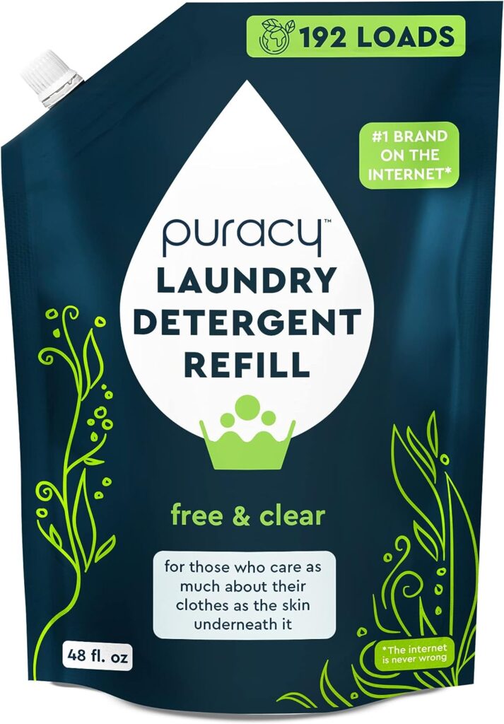 Puracy Liquid Laundry Detergent Refill-1,4 Dioxane Free, Natural, Scent-Free Gentle Laundry Detergent Liquid Concentrate Laundry Pouch with Stain Fighting Enzymes - (Free Clear, 48 fl oz, 192 Loads)