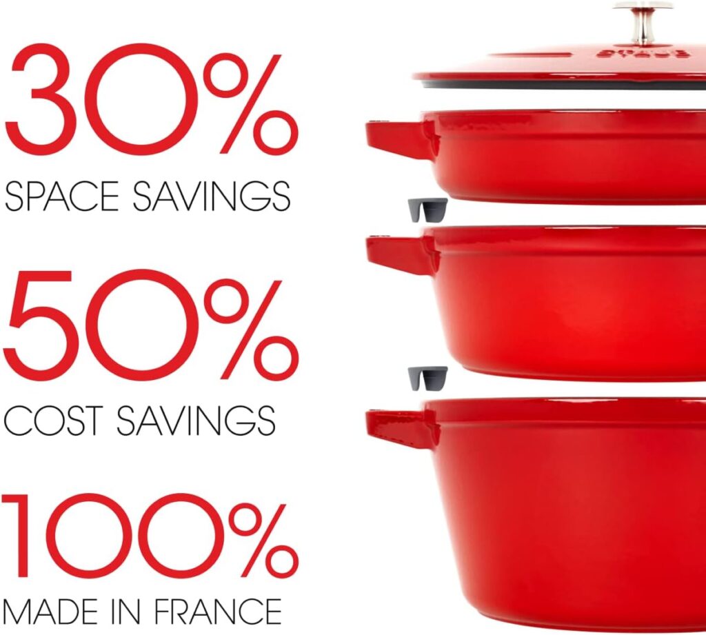 STAUB Cast Iron Set 4-pc, Stackable Space-Saving Cookware Set, Dutch Oven, Skillet, Grill Pan with Universal Lid, Made in France, Cherry