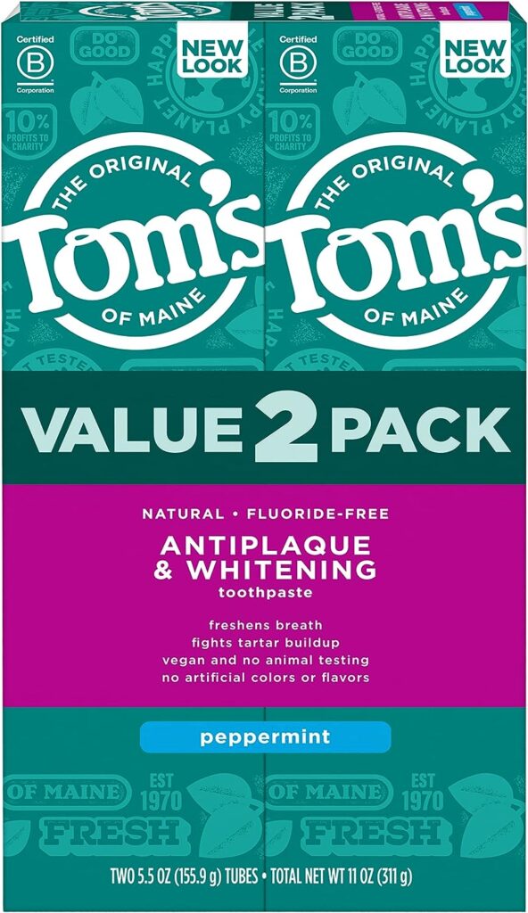 Toms of Maine Fluoride-Free Antiplaque Whitening Natural Toothpaste, Peppermint, 5.5 oz. 2-Pack (Packaging May Vary)